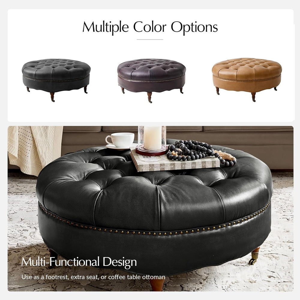 HULALA HOME 40" Genuine Leather Coffee Table with Rolling Wheels, Black