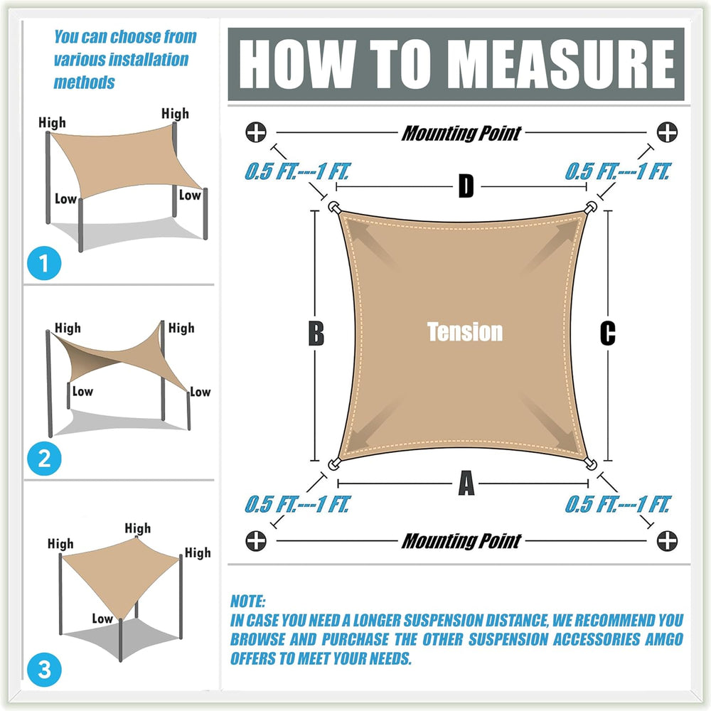 Amgo 12' x 16' Beige Rectangle Shade Sail, UPF50+ Heavy Duty Sun Shad...