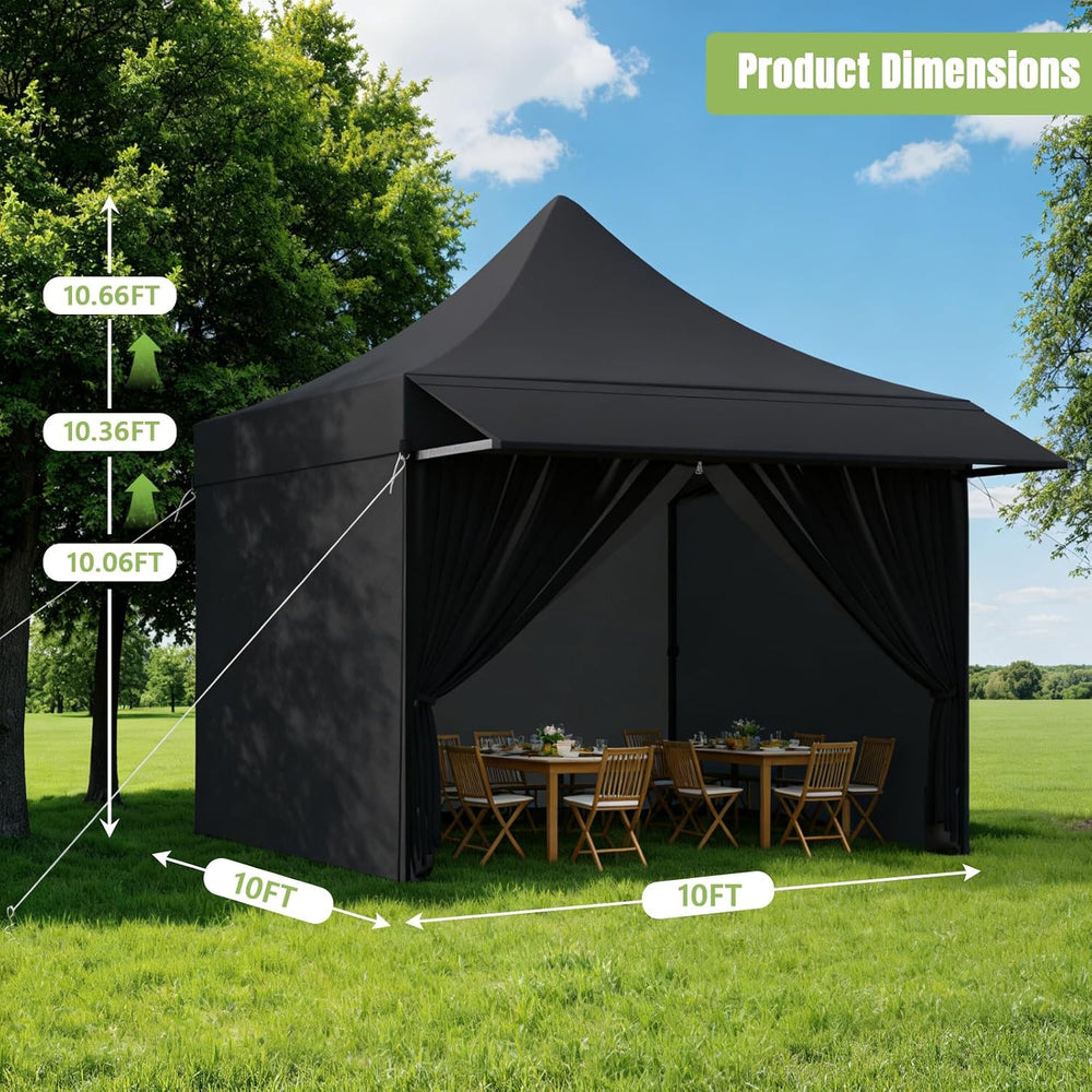 10x10 Heavy Duty Pop Up Canopy Tent with Awning and Sidewalls, Black