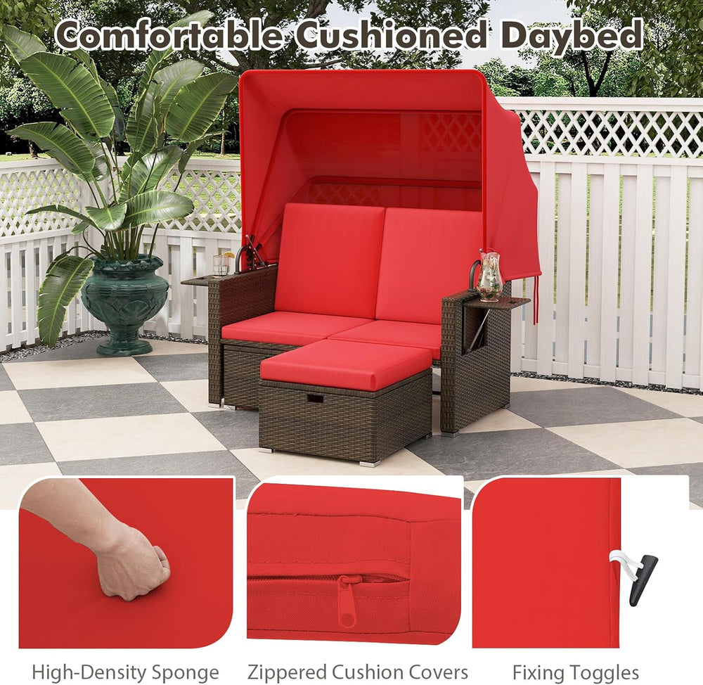 Moccha Outdoor Daybed with Retractable Canopy - Rattan Loveseat Sofa Set w/ A...