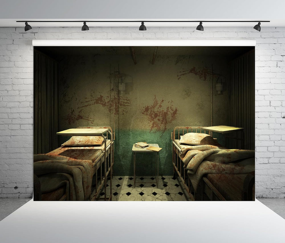 Creepy Hospital Ward Room Backdrop Fabric 10x8ft Horror Bloody Walls Blood Be...