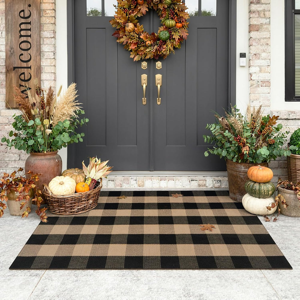 Uphome Bufflo Plaid Outdoor Rug 3'x5', Black Natural Checkered Front ...