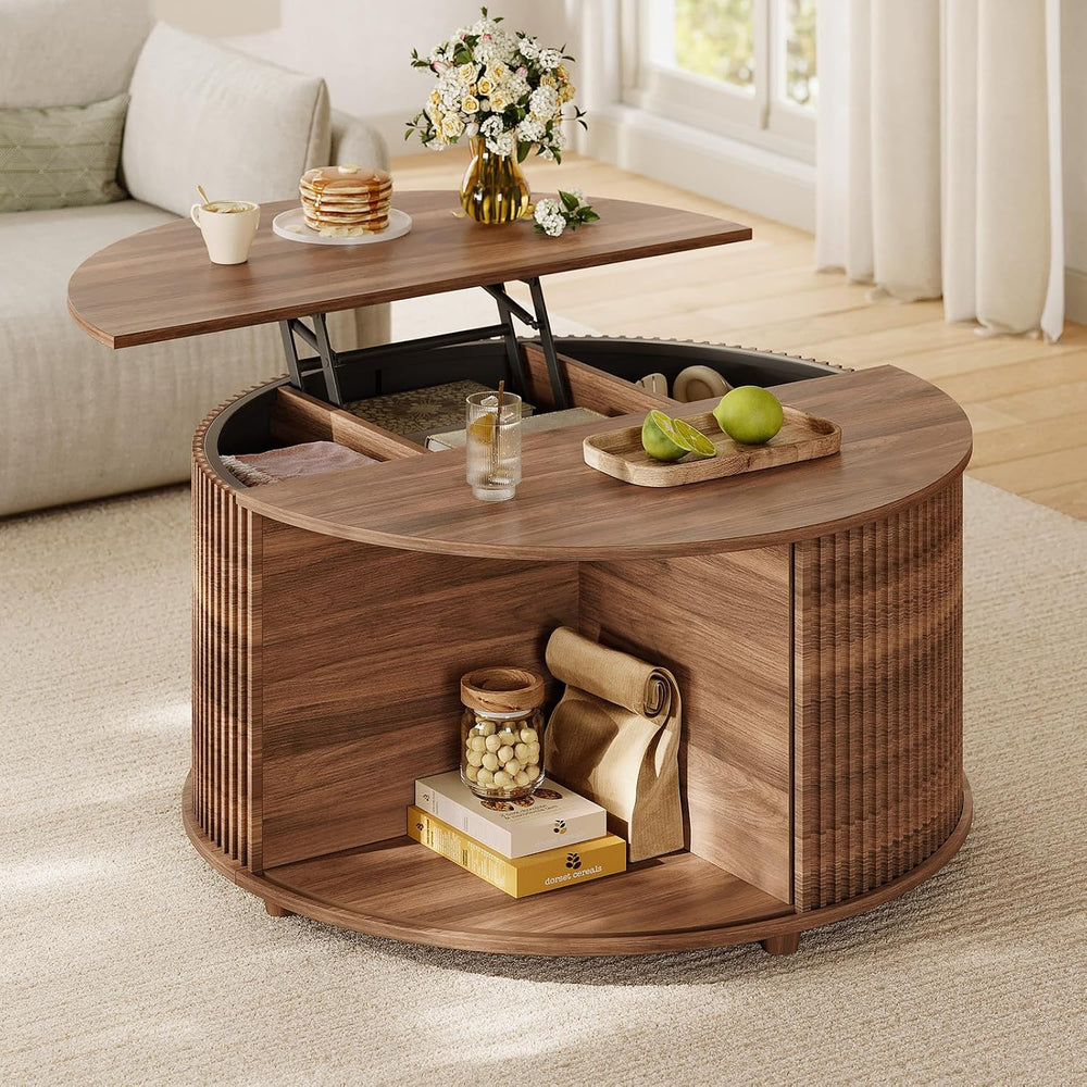 Round Lift Top Coffee Table, 34.6" Modern Coffee Table with 180° Curved ...