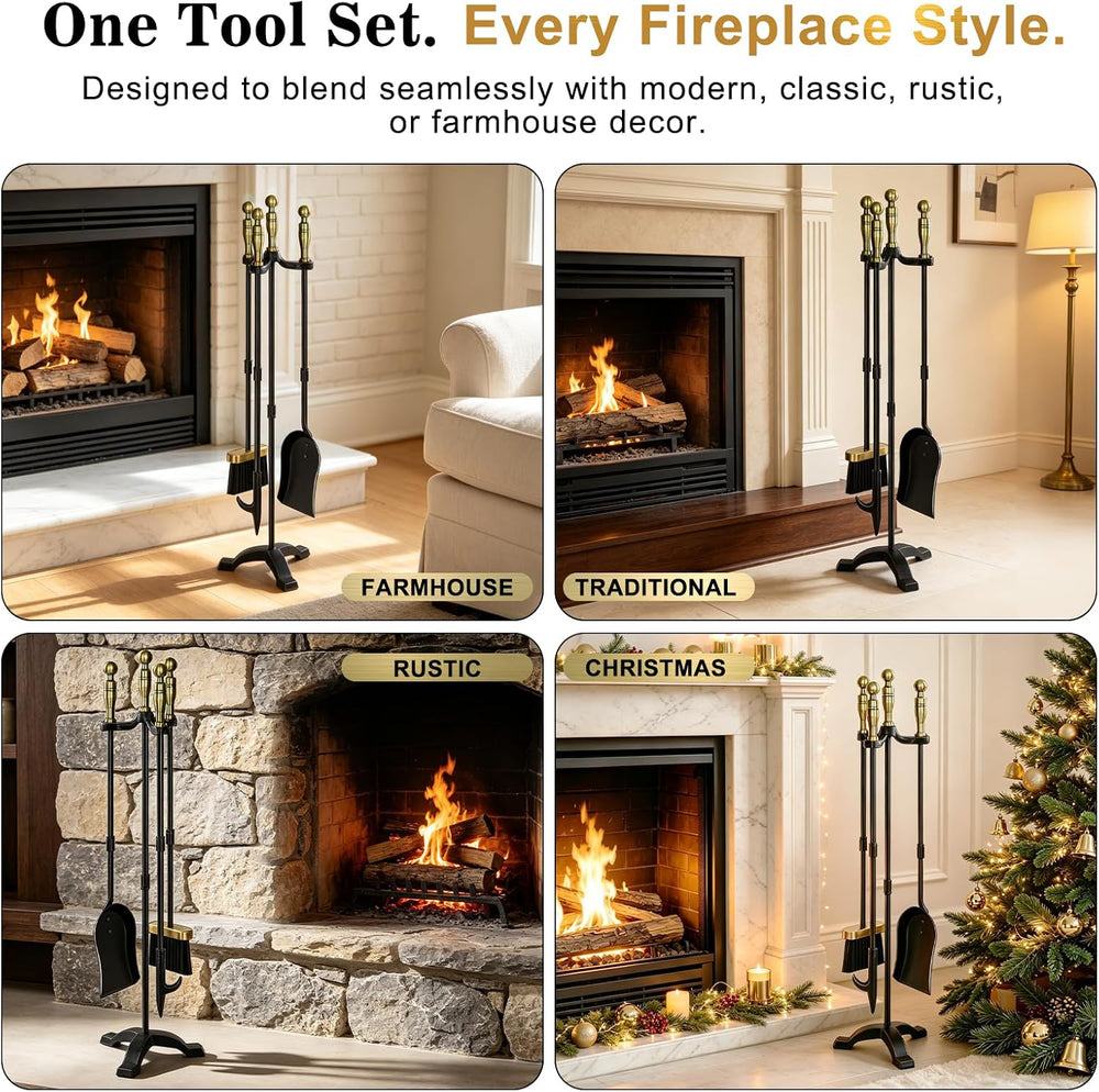 Gtongoko Antique Brass Fireplace Tools Set, 30 Inch Heavy-Duty Wrought Iron
