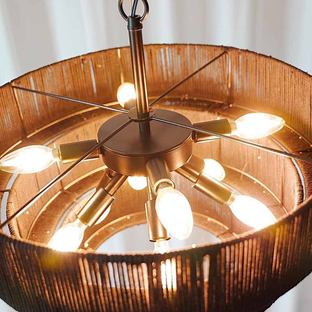 20" 10-Light Boho Black Rattan Chandelier, 3-Layer Coastal Farmhouse Han...