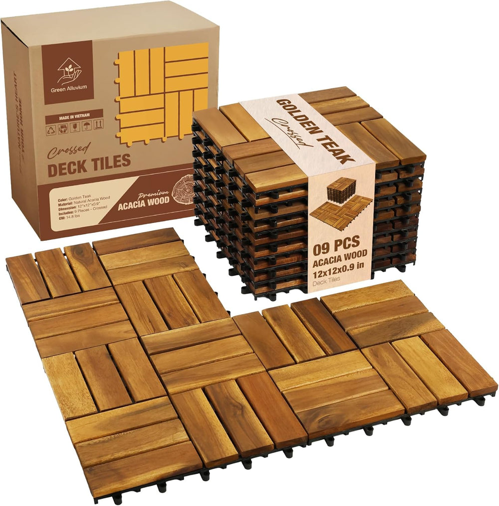 Acacia Wood Interlocking Deck Tiles, Patio & Backyard Tile, 12 in, 9 PCS