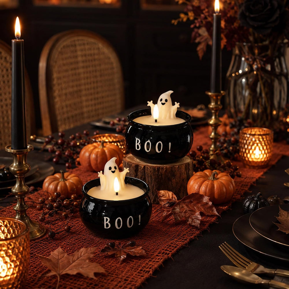 Halloween Flameless Candles 2 Pack, BOO Ghost Battery Operated LED Decor