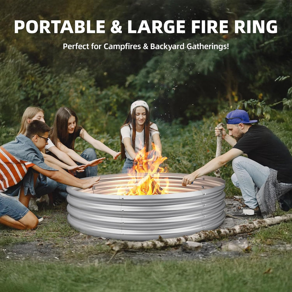 60 Inch Outdoor Fire Pit Ring, Wood Burning Large Metal Fireplace, Silver