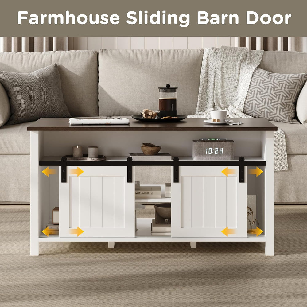 MHOM Farmhouse Coffee Table with Storage, Rustic Living Room Table with Slidi...