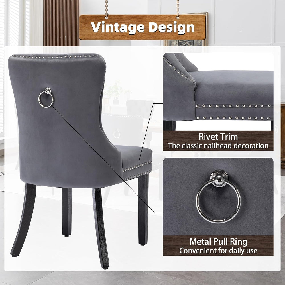 Velvet Dining Room Chairs Set of 2, Button Tufted, Wood Legs, Dark Gray