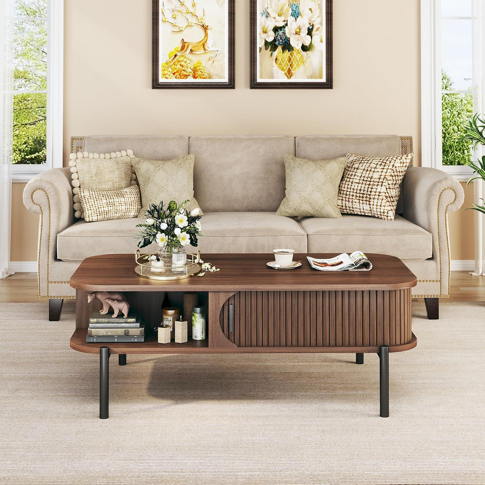 Coffee Table, 39.4" Fluted Coffee Table for Living Room, Mid Century Mod...