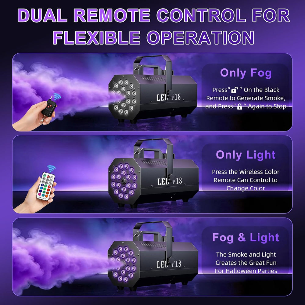 1200W Fog Machine, 6000CFM for Halloween, 18 LED Lights & Remote