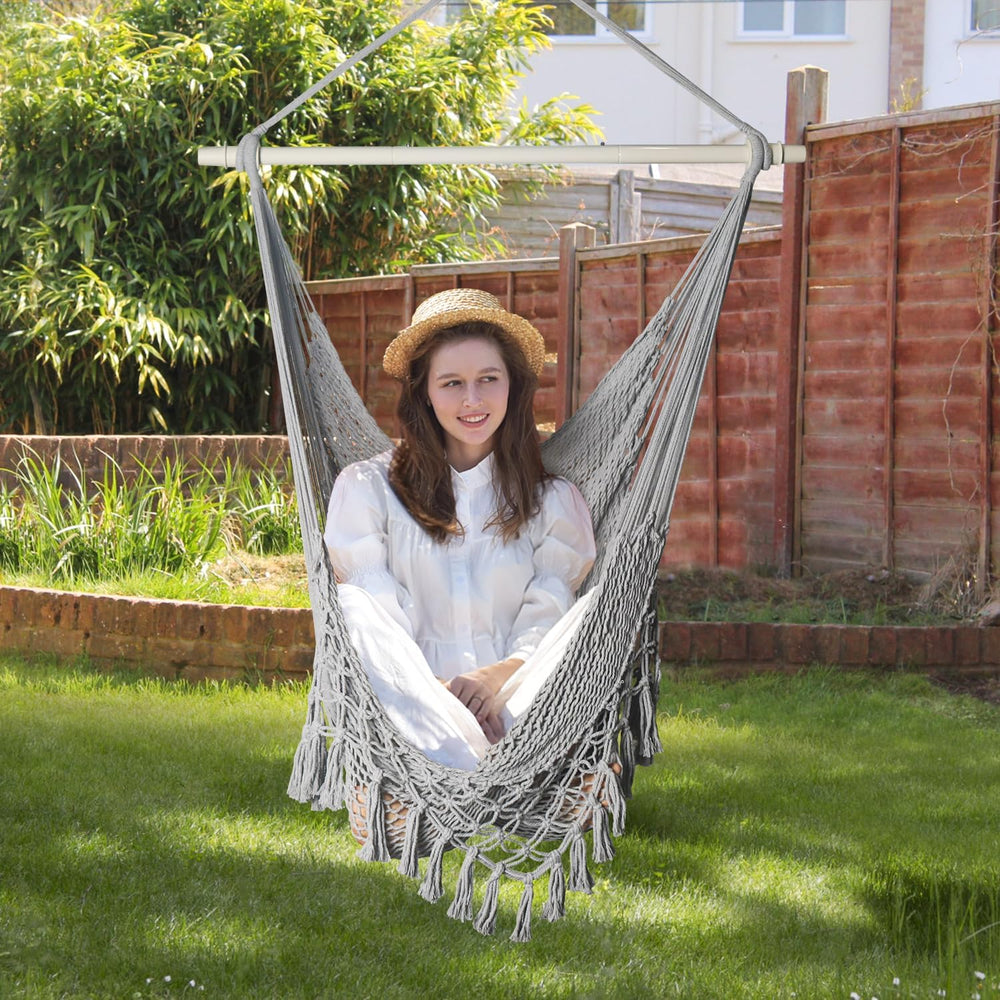 Handwoven Cotton Rope Hammock Chair with Metal Spreader Bar, Boho Hanging Cha...
