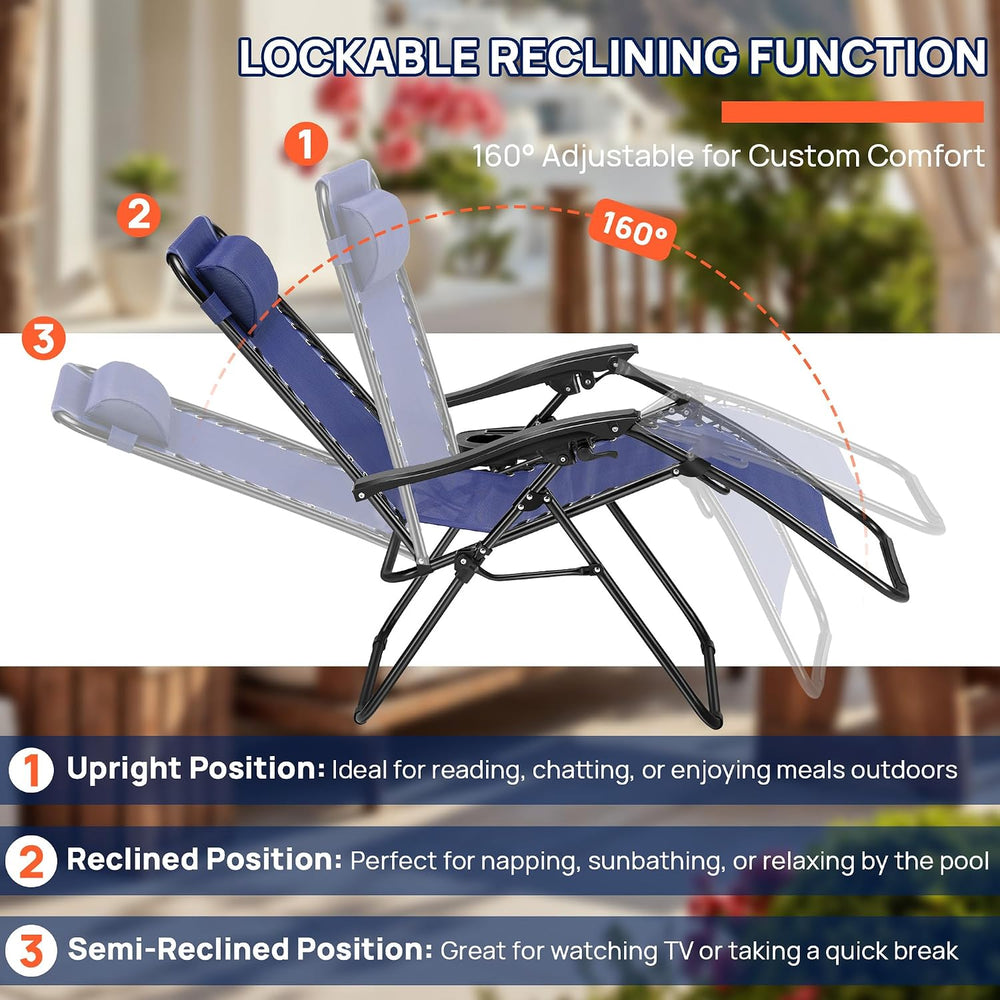 Chaise Lounge Chair Outdoor Set of 2, Oversized Zero Gravity Chair, Blue