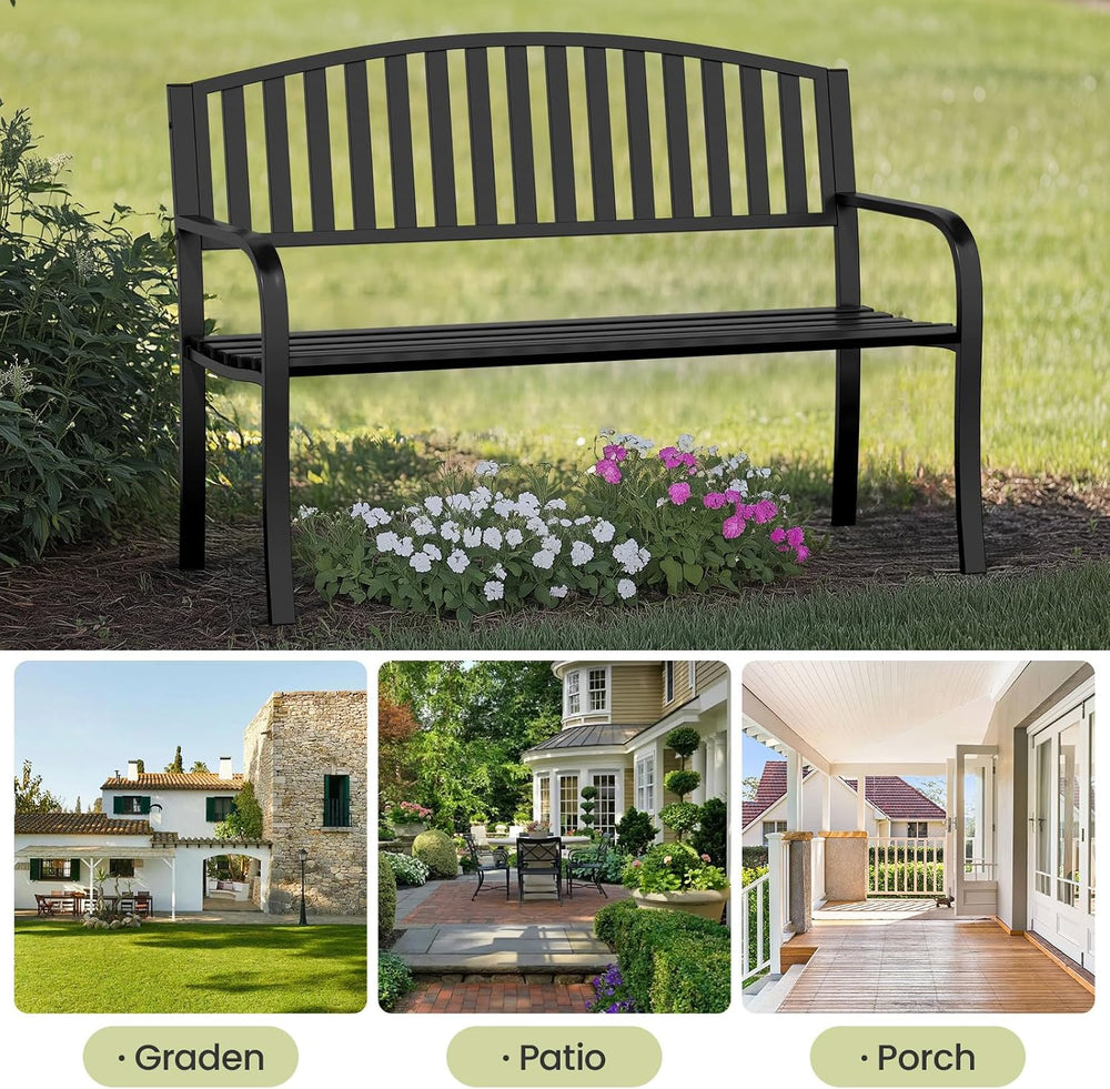 50" Outdoor Bench, Heavy-Duty Metal Frame Graden Bench, Weatherproof Pat...