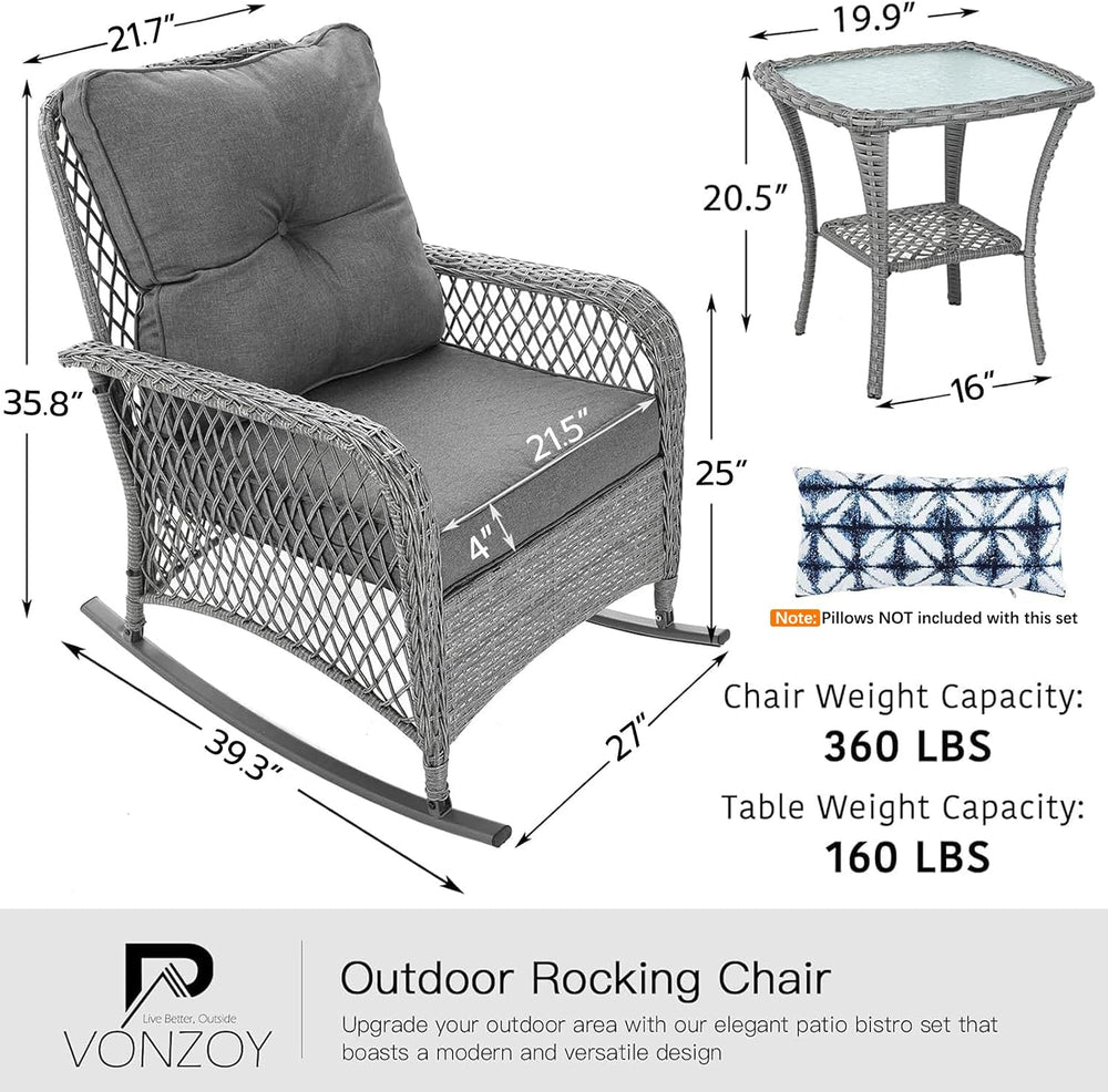 Patio Furniture Set 3 Pieces, Wicker Outdoor Rocking Bistro Set, Grey