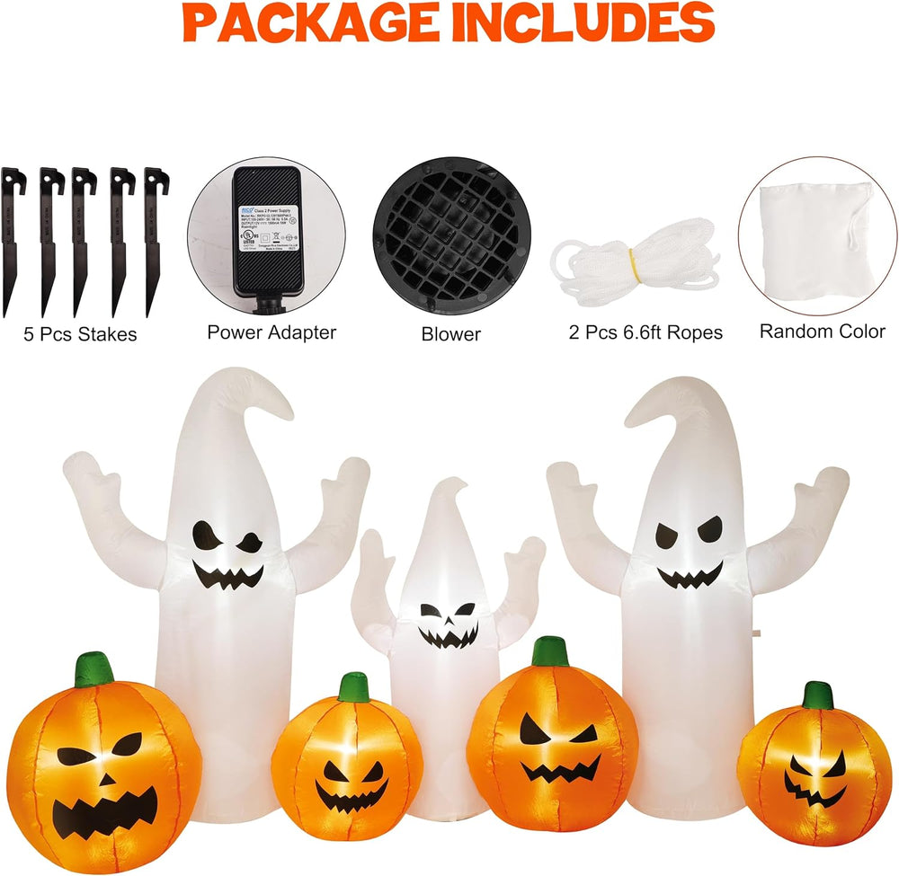 SAND MINE 8 FT Long Lighted Halloween Inflatable Ghosts with Pumpkins, Hallow...