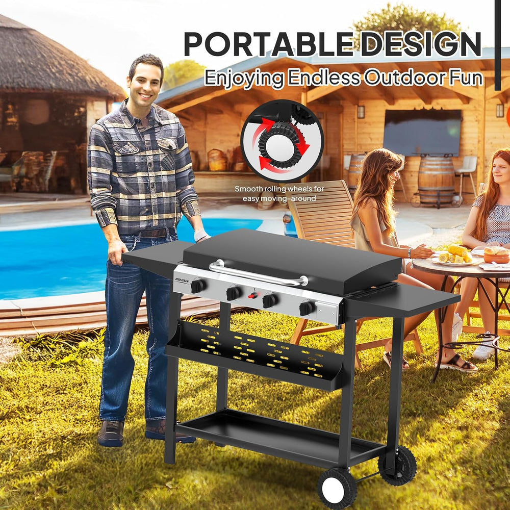ROVSUN 4 Burner Portable Propane Griddle with Enameled Tray & Lid, 40000 ...