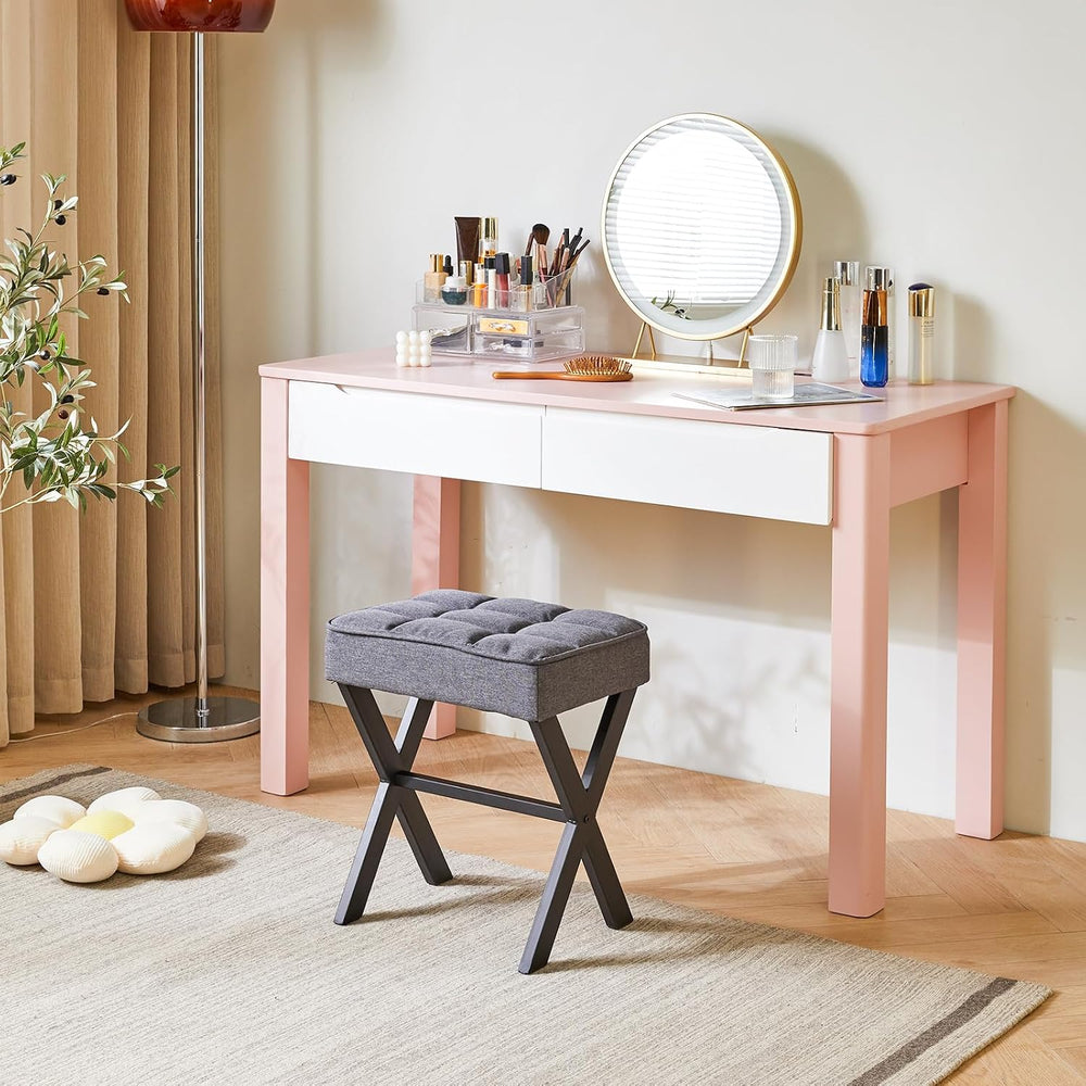 IBUYKE Square Makeup Stool with X-Leg, Linen Vanity Chair, Dark Gray LG-70G
