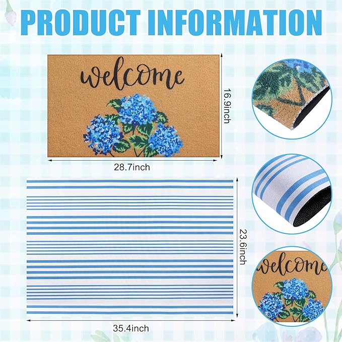 Tinideya 2 Pcs Hydrangea Door Mat Blue and White Stripe Welcome Non Slip Flow...