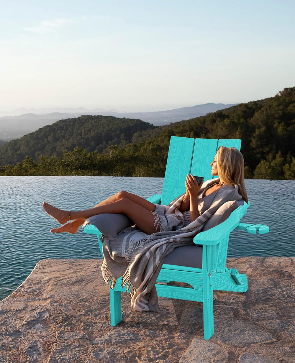 SERWALL HDPE Modern Folding Adirondack Chair with Dual Cup Holder, Teal