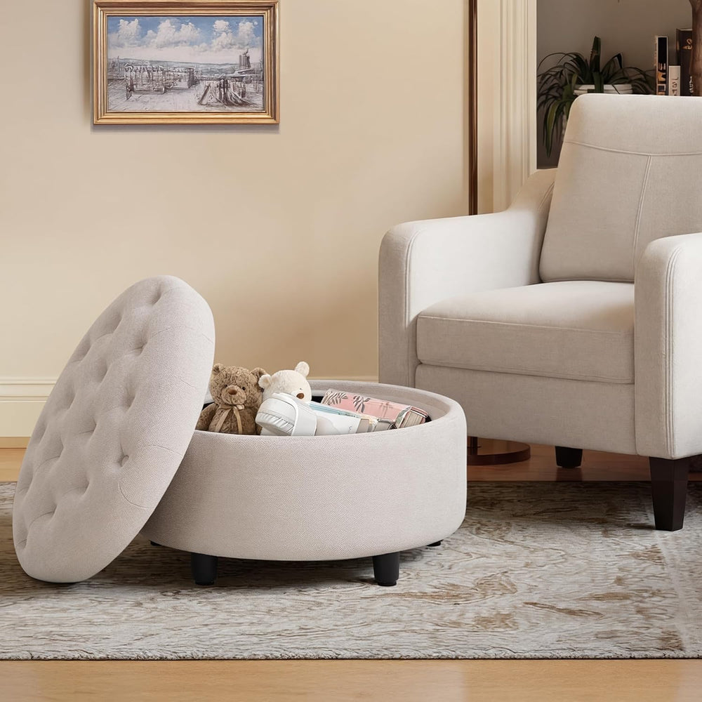 COLAMY Fabric Round Storage Ottoman with Reversible Tray Lid – Multi-Function...
