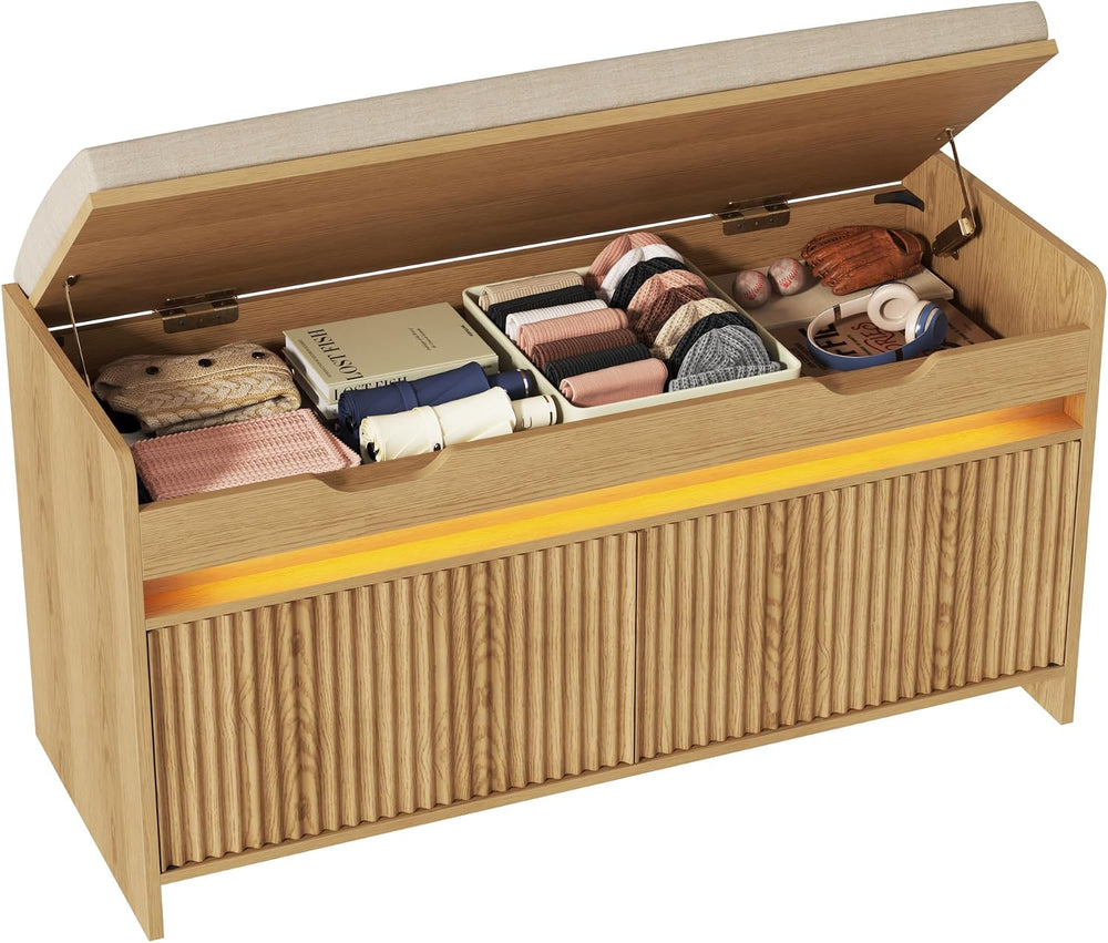 HOMEFORT Shoe Storage Bench, Modern Entryway Bench with Fluted Doors & Bu...