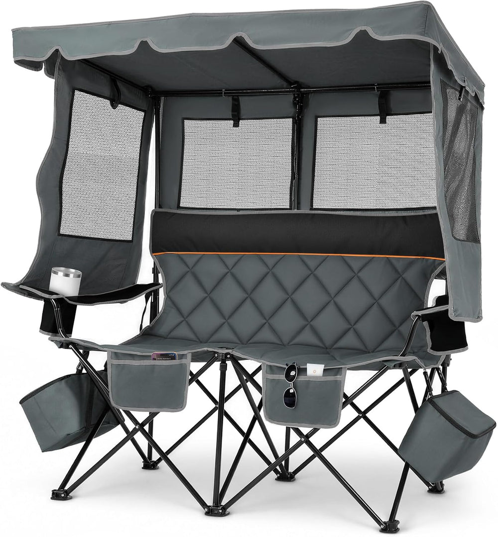 Suteck Double Camping Chair with Canopy, 660lbs Folding Loveseat with Shade