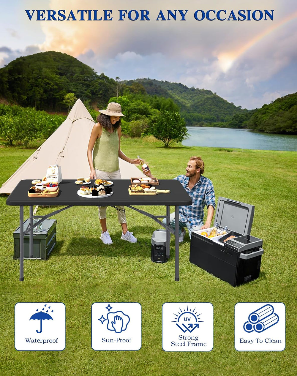 2 Pack 4FT Black Folding Table for Outdoor, 4 Foot Picnic Tables No Assembly ...