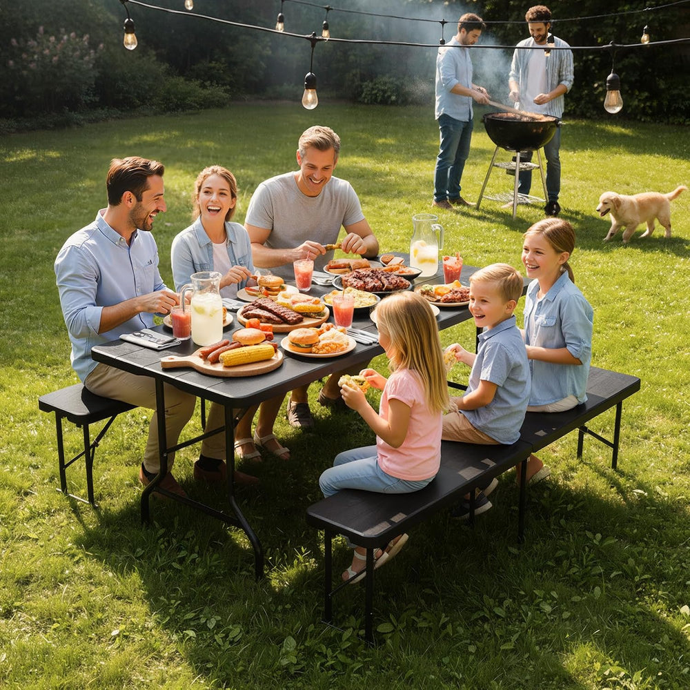 Bonnlo Black Folding Picnic Table Set with 2 Benches, 6 Feet Camping Table Ch...