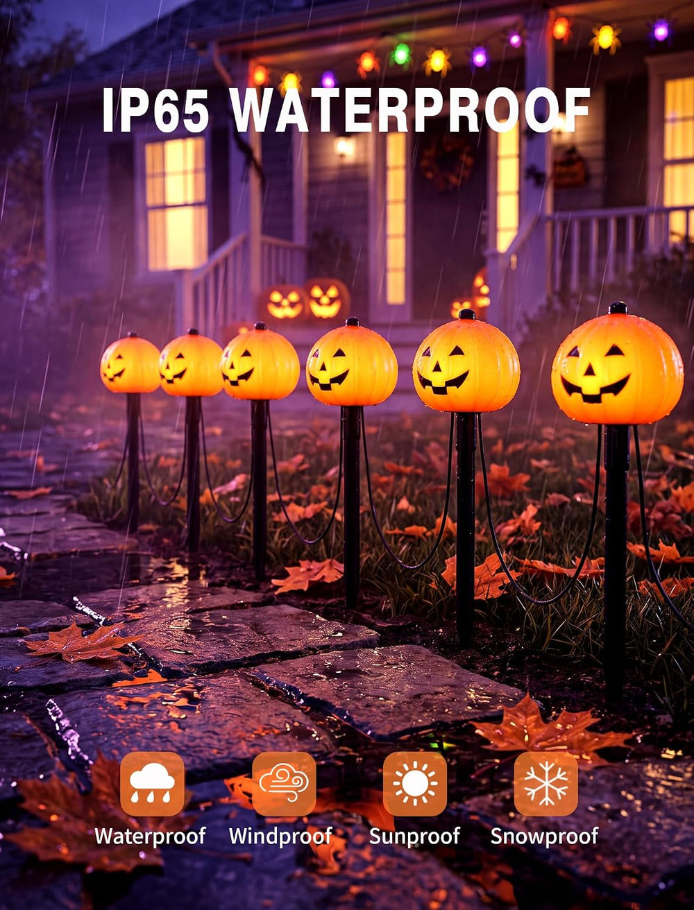 10.5FT Halloween Pathway Lights, 5PK LED Jack o Lantern Stake Lights