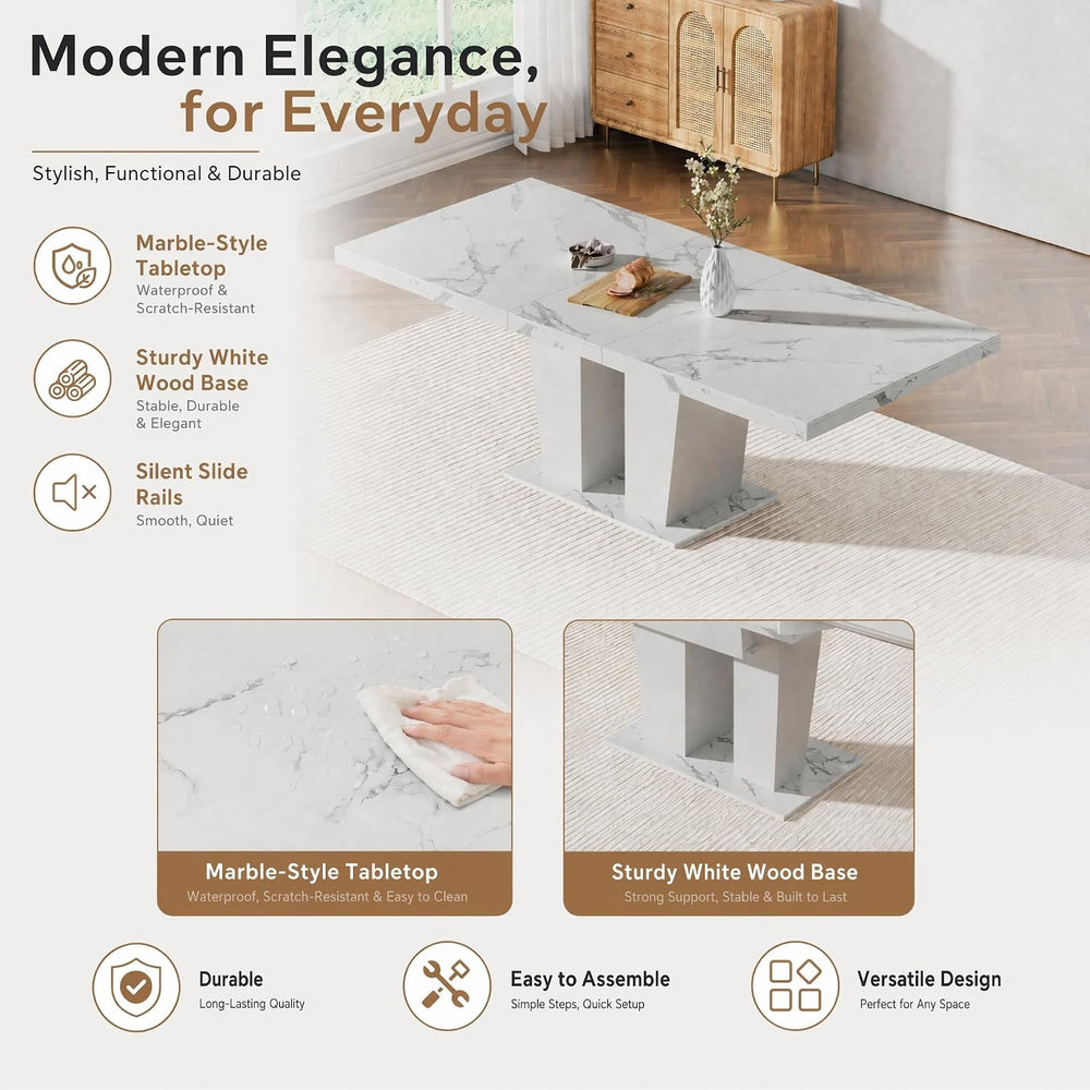 HomVent White Faux Marble Expandable Dining Table Set for 6