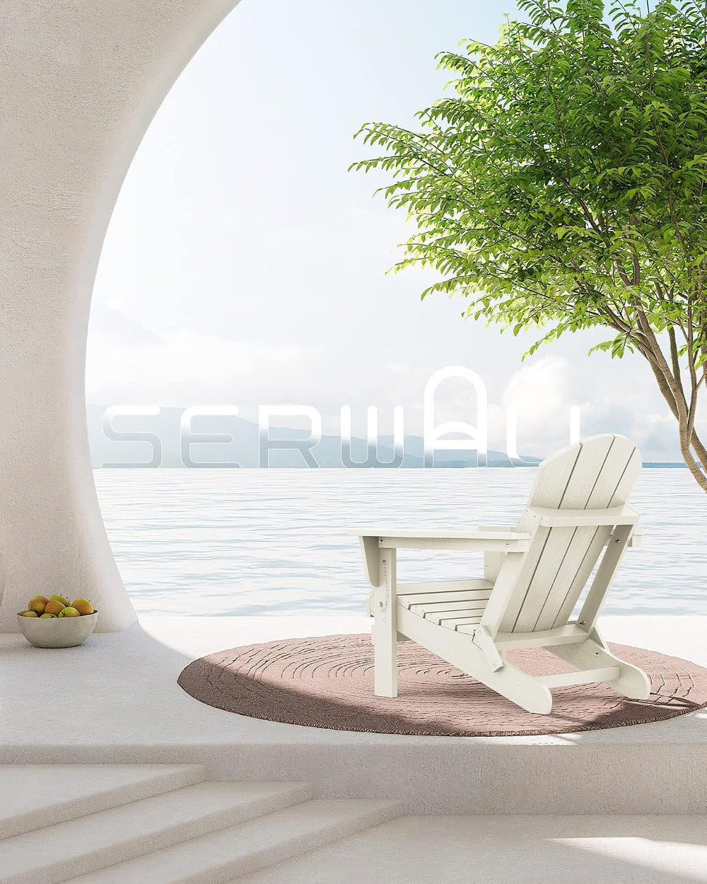 SERWALL Folding Adirondack Chair Set of 2 with Cup Holder, Fire Pit - White
