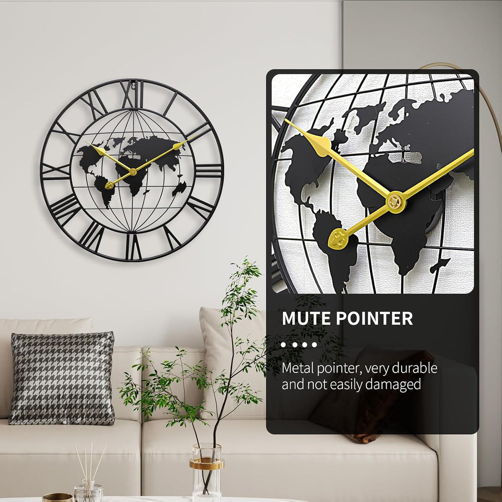 Large World Map Wall Clock,Metal Minimalist Decorative Modern Clock
