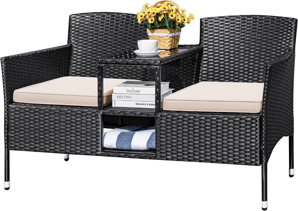 Devoko Outdoor Patio Loveseat Rattan 2-Seat Patio Conversation Set, Beige