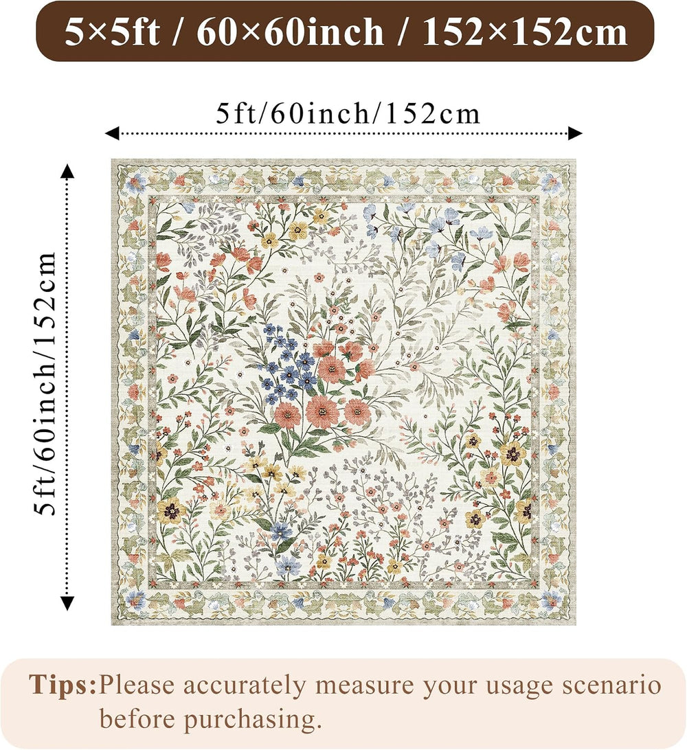 5x5 Living Room Area Rug Washable: Floral Non-Slip Mats for Indoor Floor Entr...