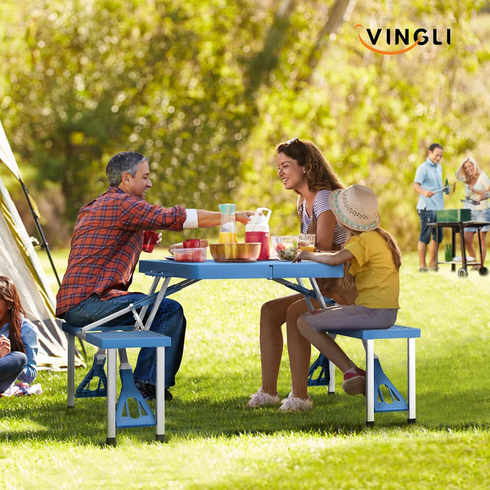 VINGLI 4 Ft Camping Picnic Table Set with 4 Seats with Umbrella Hole Folding ...