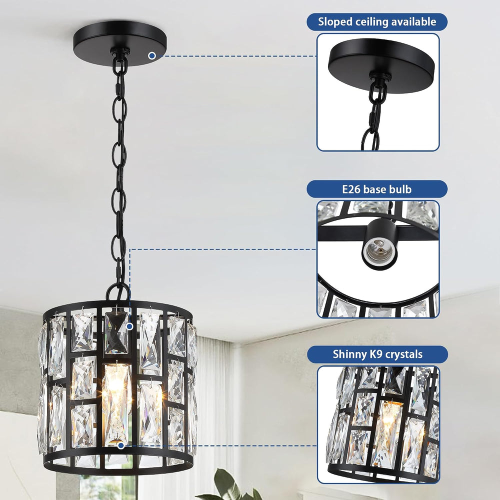 MEXO Modern Crystal Pendant Light,Black Chandelier Light Fixture, Cylinder Ad...