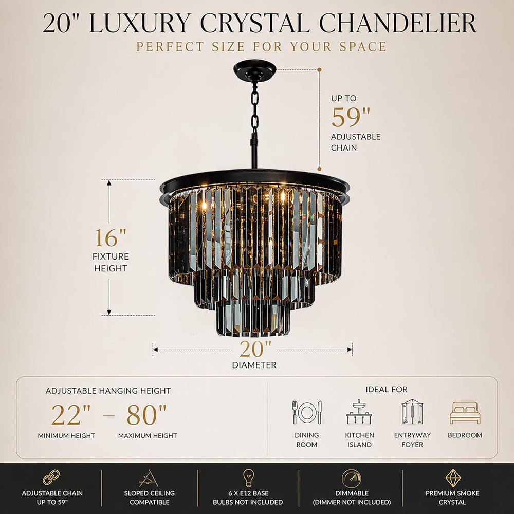 ALOADECOR 6-Light W 20 in. Modern Odeon 3-Tier Round Fringe Crystal Chandelie...