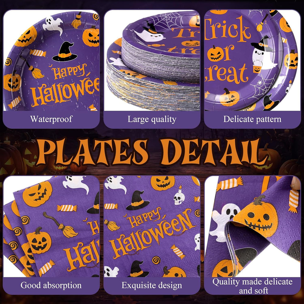 250 Pcs Halloween Party Supplies, Paper Plates Napkins and Cups, Purple