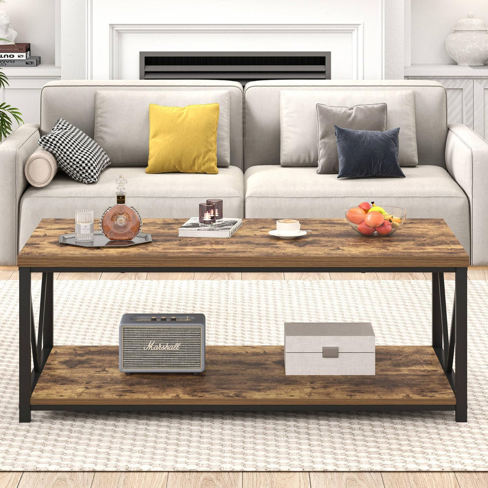 EXCEFUR Modern Coffee Table, Rustic Wood and Metal Living Room Table with Sto...