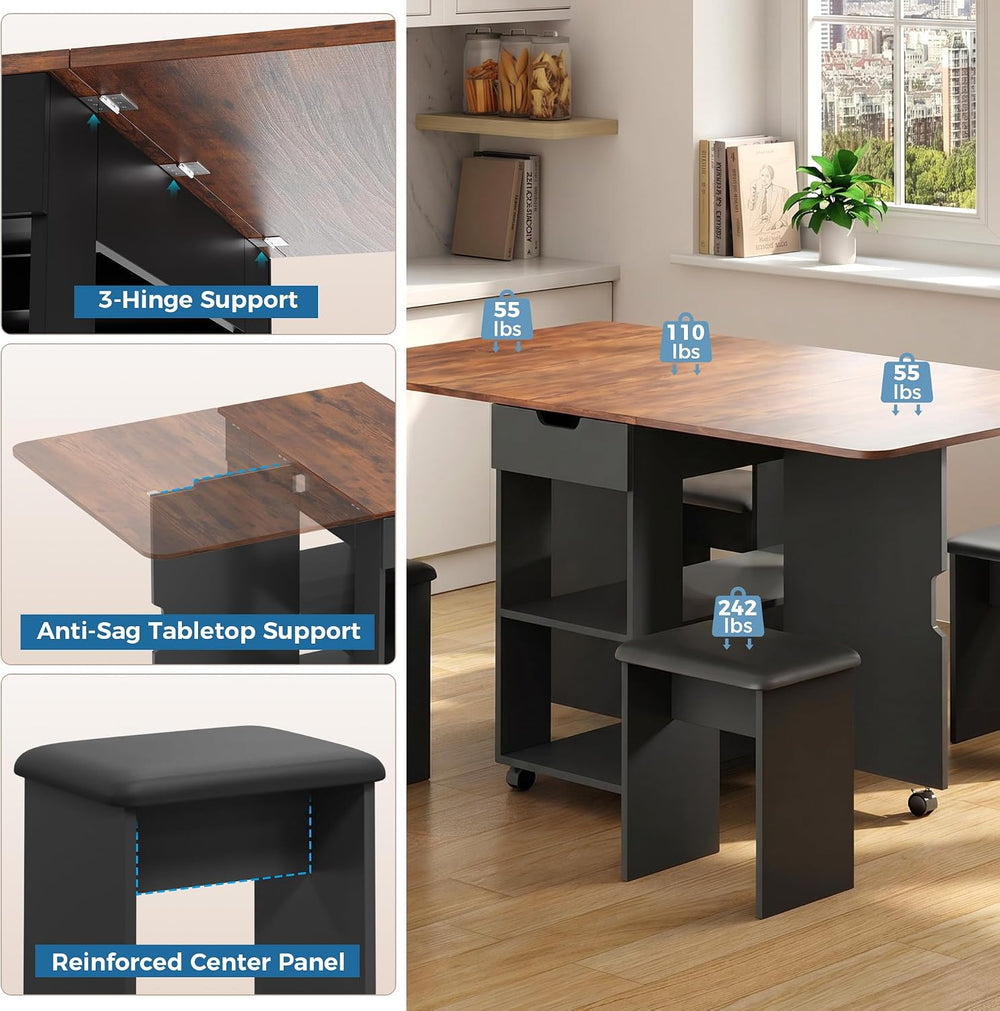 Mondeer 55" Folding Dining Table and Chairs Set 4, Cushioned Stools
