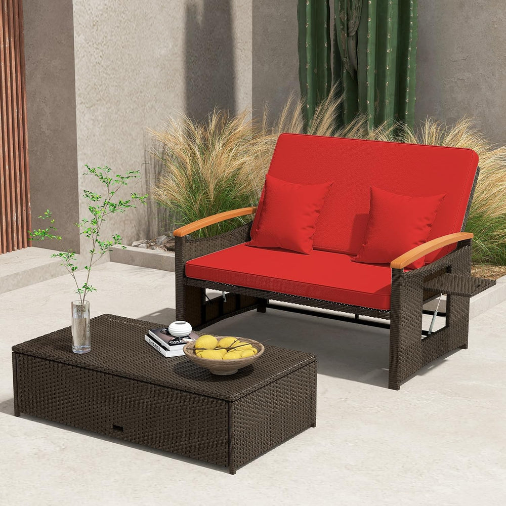 Tangkula Patio Rattan Daybed, Outdoor Wicker Loveseat, Mix Brown & Red