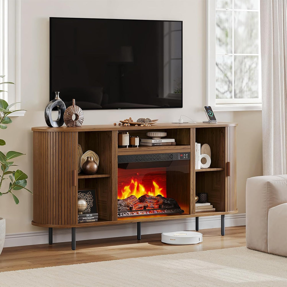 ComfyCorner 63" Fluted Fireplace TV Stand with Sliding Doors & Power...
