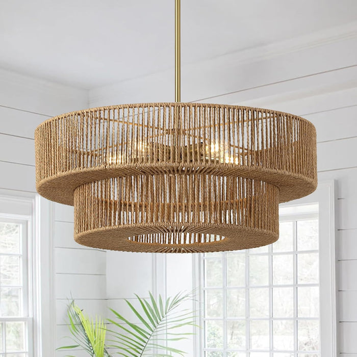 22" Boho Rattan Chandelier, 5-Light Gold Pendant Light