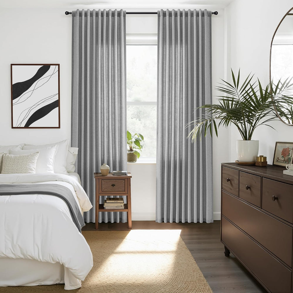 SMABU Linen Curtains 90 Inch Long for Living Room Hook Belt 2 Panels Gray