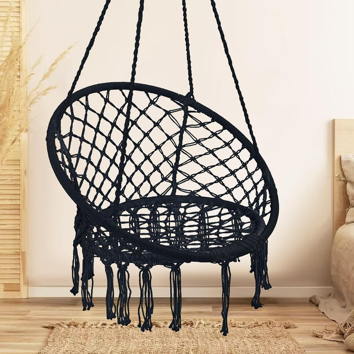 Garpans Hanging Swing Chair Bohemian Style Macrame Swing Chair with Tassels, Hammock Swing Chair Handmade Knitted Cotton Rope for Indoor Outdoor Bedroom Patio Max 330 Lbs,Black