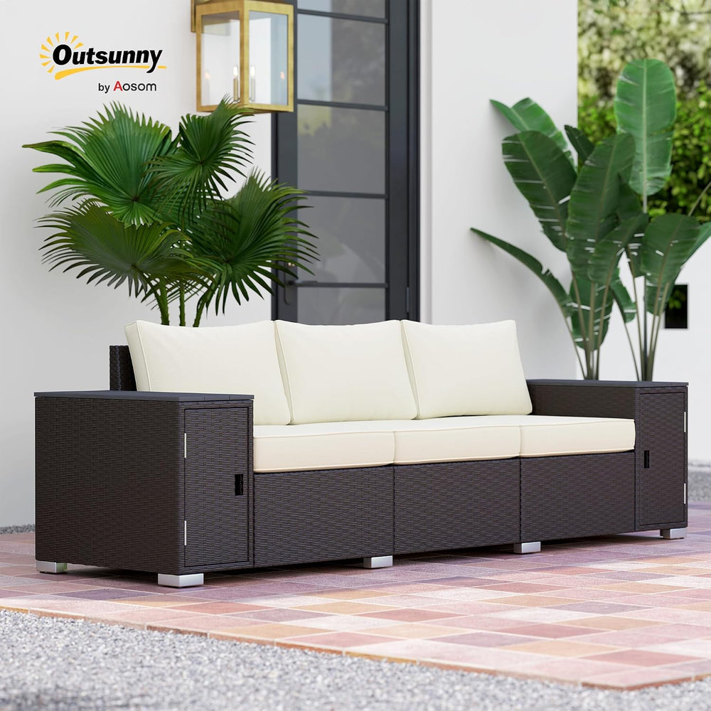 Outsunny 3 Seater Wicker Sofa with 2 Storage Side Tables Cream White/Brown