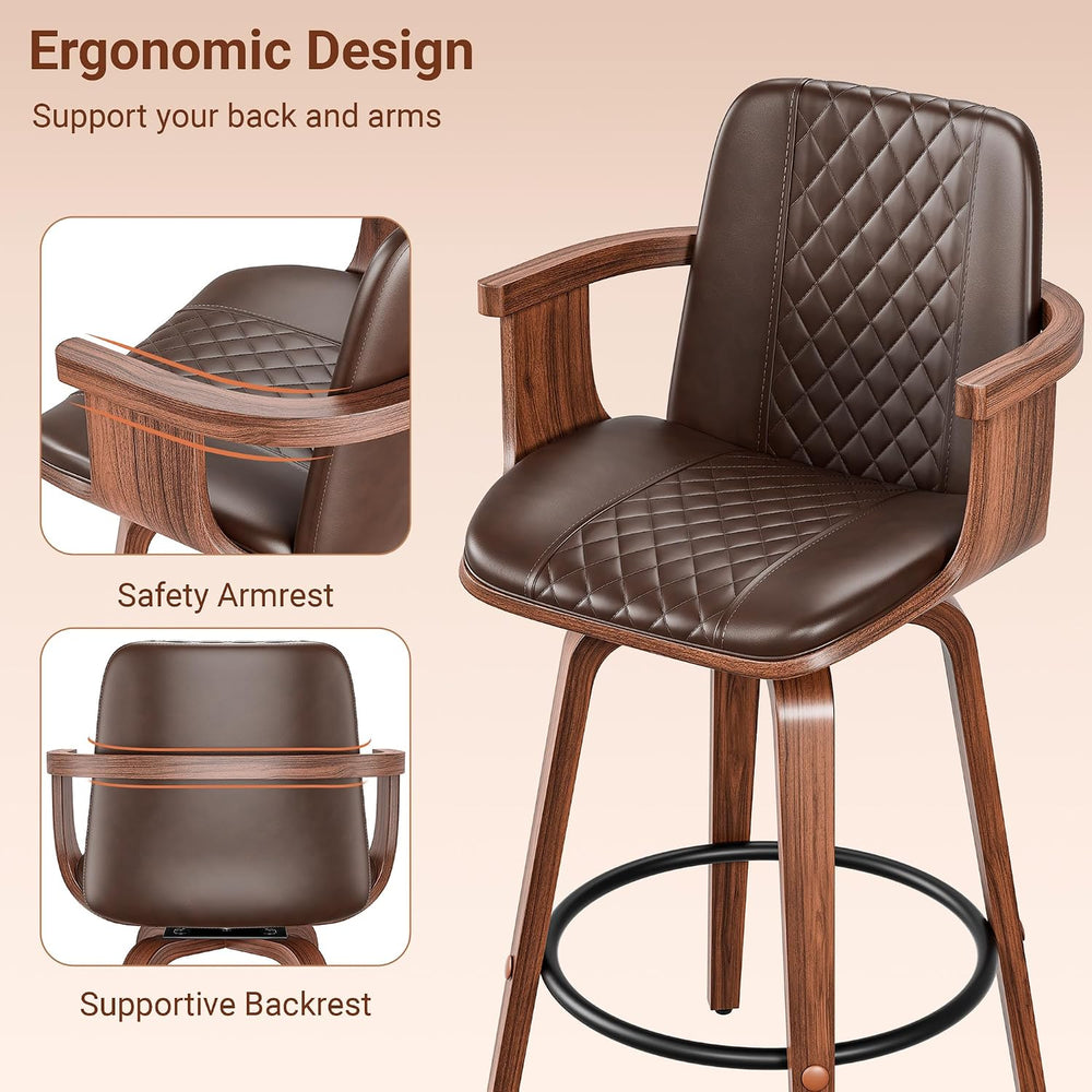 REONEY Barstools Set of 1, 26inch Counter Height Swivel Bar Chairs, Brown