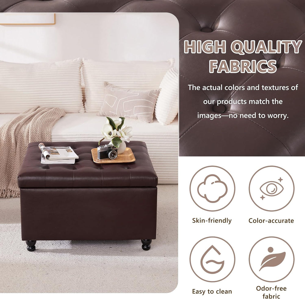 28" Large Square Ottoman with Storage, Leather Ottoman Coffee Table, Brown